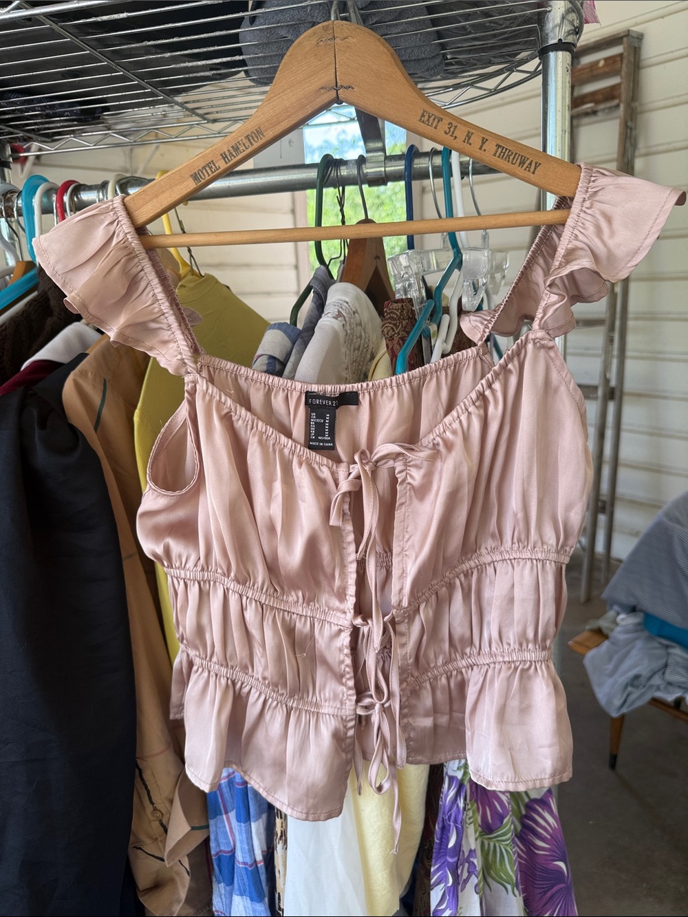 Forever 21 Dusty Pink Ruffle Tie-Front Smocked Crop Camisole